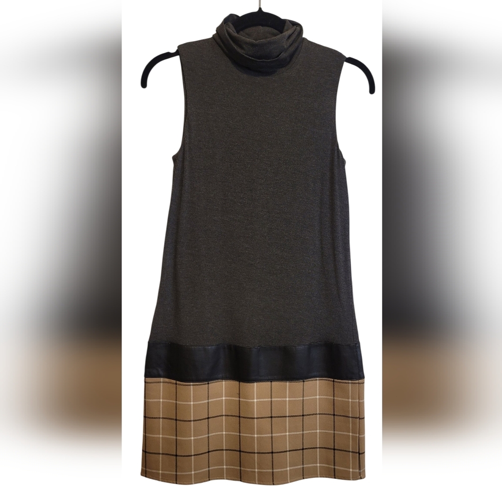 Bailey 44 Charcoal and Beige/Tan Plaid Pattern Mock Neck Faux Leather Trim Dress